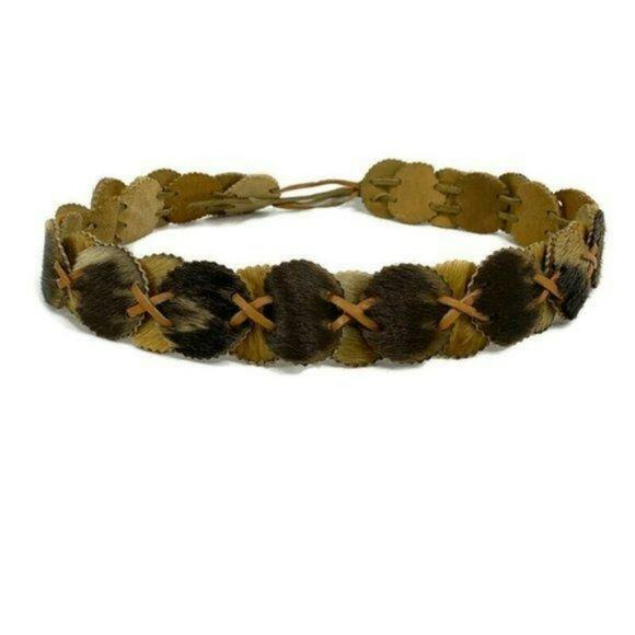 Vintage Fur Belt Oval Linked Leather Boho Tie Western - Picture 3 of 7